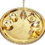 PujaSamadhaan Traditional Handcrafted Brass Pital Puja Thali Aarti Bartan Plate Set of 6 Piece for Mandir Pooja