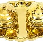 Spillbox Traditional Handcrafted Brass Thali Haldi kumkum Chandhan Holder Stand Plate with Lid |Roli|Chawal |Kumkum Box|Sindoor | Turmeric|Puja Worship- Oval 2 Bowl Small