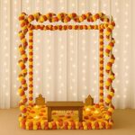 Treewing 25Pcs Pooja Decoration Mandap Tent Pandal with Marigold Garlands for Ganesh Chaturthi Home Decor Cubical Mandap | Ganesh Chaturthi/Durga Pooja/Janamshtami (Mix (Yellow+Orange), 20X20X20Inch)