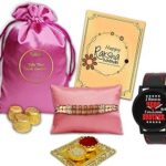 Midiron designer rakhi with roli akshat, Rakhi Gift Box for Bhai – Rakhi, 90gm Chocolates, Premium Wrist Watch, Roli and Akshat – Stylish and Antique Raksha Bandhan Combo Pack