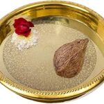 Tia Crafts Brass Pooja Thali with Floral Carved Design, Decorative Aarti Plate for Home Temple, Traditional Puja Ceremony (10" Inch)