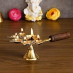 Idyah Crafts Golden Brass Panchdeep Diya for 5 Cotton Wicks with Wooden Holder - Decorative Brass Diya for, Home Decor - Gift for Diwali, Navratri Festivals & Religious Occasions