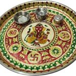 Pooja Thali Meenakari Designer Stainless Steel Puja Thal/Thali for Home & Temple with Deepak, Small Bowl, Incense Sticks Stand (puja thali Meenakari red ganpati)