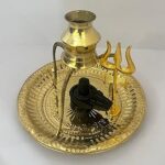 Chkoteravatiya Brass Shivling Pooja Thali Set with Trishul and Tripai Stand, Religious Worship Plate, Gold