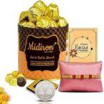 Midiron Premium Rakhi Gift combo set, Rakhi Combo for brother, Raksha Bandhan Premium Gift Hamper –90gm Chocolate, Silver Coin, Roli Akshat – for Brother