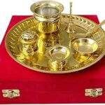 Premium Brass Pooja Thali Set with Ghanti, Chandan Vati, Diya, Spoon, Loti & Agarbatti Stand ? Traditional Hindu Puja Samagri in Elegant Velvet Box ? Ideal for Home, Temple & Gifting