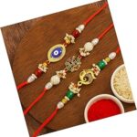 Saras Aajeevika 3 Pc Set of Handmade Rakhi for Brother Bhaiya Bhabhi Bracelets Traditional Kundan Beads Assorted Designer Lumba Rakhi Set Roli Chawal Akshat Thread Rakhdi Rakshabandhan Gift Items