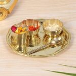 Two Moustaches 5 Inches Brass Pooja Thali Set, Brass Thali Set for Bhog, Set of 1 Thali, 2 Katori, 1 Glass and 1 Spoon, Golden, Gifts for Puja Ceremony, Plate for Pooja - Set of 5 Pieces,Round