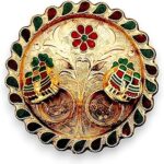 ACCESSHER Round-Shape Lakshmi Charan design Decorative Puja Thali | Multicolour Enamel Work Aarti Thali for Home Mandir | Lightweight Festival Platter for Diwali Engagement Gift