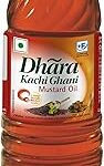 Dhara Kachi Ghani Mustard Oil (0% Trans Fat), 1 L Bottle (May contain free turmeric powder 10g)