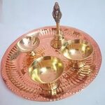Radhika Poojan Bhandar Brass Diwali Puja Copper Thali with Small Lamp Bell Mini Katori