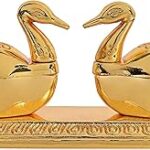 Suvasane Double Swan Golden Metal/Zinc Chandan Roli Chopda, Chawal-Akshat-Haldi, Kumkum Box Pair with Loving Bird Duck Pair Chopda for Gift and Pooja Purpose (11X5X4 CM)