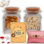 Midiron Designer Rakhi Combo for Brother, stylish rakhi gift for bhai, Healthy Nuts Cashew and Almond, Roli Akshat – Premium Raksha Bandhan Gift Hamper for Bhaiya