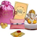 Midiron Rakhi Gift Hamper for Brother, Rakhi hamper with Ganpati murti – Antique Rakhi, 90gm Chocolate Thaili, Ganesh Ji Idol, Roli Akshat – Premium Raksha Bandhan Combo