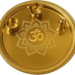 Brass Puja Thali with Om Symbol, Traditional Decorative Pooja Plate with Diya Holder, Gold Finish