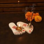 Katkaria Creations Marble Laxmi Charan Paduka Set for Pooja | Deepak Oil lamp for Pooja & Lighting | Set of Brass Diya and Incense Sticks Holder | Diwali Gifting and Festive Decor