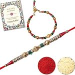 YASHONIDHI Designer Bhaiya Bhabhi Rakhi Set with Greeting Card and Roli Akshat, Traditional Red and Gold