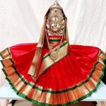 Navaratri Goddess Kalash Women's Silk Saree , Mata Rani Poshak, Maa Laxmi, Durga, Saraswati, Radha Chunri Patka and Lehenga/Ghagra Dress (Red , Height is 15 inch and width is 14 inch)