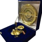 Dhanak Pooja Thali Set with Velvet Box_5 Pcs_Brass_Om & Gayatri Mantra Embossed on Plate (8.5inch)_Decorative Puja Set, Gifts for Diwali, Festivals_Gift Pack