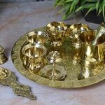 NEETU ARTS 9-Inch Pooja Thali Set – Includes Plate, Diyas, Kumkum Bowls, Agarbatti Stand, Panchpatra, Karpoor Aarti & Bell (650g)