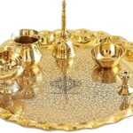 INDIAN ART VILLA Pure Brass Pooja Thali Set with Floral Vines Embossed Design, Religious Spiritual Item, Home Temple, DIameter-10.1" Inch