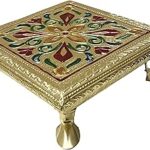 zig zag Wooden Minakari Pooja Chowki | Decorative Wooden Bajot | Flower Design Choki for Pooja at Home, Wedding, Festivals & Gifts, 6 Inch Golden