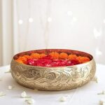 BEHOMA Classic Golden Aluminium Chitai Design 10 inches Urli Indoor Outdoor Center Table Flower Decorative Bowl for Home Décor, Urali for Haldi, Mehandi, Wedding and Holi Decor, 1 Pc, 1000 ML
