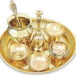 BENGALEN Brass Pooja Thali Set Small 6 Inch Puja Thali with Pital Plate Chandan Wati Kalash Kuber Diya Ghanti Palli Arti Thali for Diwali Home Office Mandir Wedding Return Gift Items