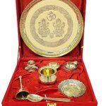 BENGALEN Brass Puja Thali Set with Red Gift Box 8 Inch Pital Pooja Plate Dhup Dan Kalash Spoon Ghanti Bowl Kuber Diya Kangura Plate for Diwali Home Mandir Office Wedding Return Gifts