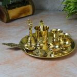 Neetu Arts 8-Inch Plain Brass Pooja Thali Set with Diyas, Kumkum Bowls, Agarbatti Stand & Accessories