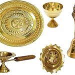 Dhanak Pooja Thali Set_5-in-1_Brass_Om & Gayatri Mantra Embossed on Thali, Agardaan, 2 Diyas, Ghanti_Decorative Puja Items, Gifts for Diwali, Festivals