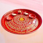 SKSM METALS Decorative Big Size Steel Pooja Thali Set Four Vati with 1 Diya Holder.[12 Inch]