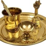Spillbox Traditional Handcrafted Brass Puja | Pooja Thali Set | Arati | Bartan Thambulam Plate Set for Several Occasions- Ring Plate 7 inch Puja Set(Diya Bell Panchamurt Spoon)