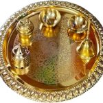 KBV Pure Glossy Designer Brass Puja/Pooja Thali Set with Ganti/Bell, Diya and Dice Shape Incense/Agarbatti Holder Perfect for Gifting, Diwali, Aarti, Rakhi, Karwchauth, Onam, Home and Office