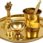 Spillbox Traditional Handcrafted Brass Puja | Pooja Thali Set | Arati | Bartan Thambulam Plateset for Several Occasions- Plain Plate 7 inch Puja Set(Diya Bell Panchamurt Spoon)