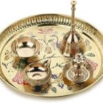 Dokchan Handcrafted Pure Brass 8inch Puja thali Set of 5 for Home Temple| Crafted Design for Divine Blessing | Perfect for Festivals and Worship