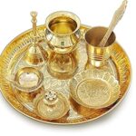BENGALEN Brass Pooja Thali Set 7 Inch with Pital Puja Plate Kalash Bowl Spoon Dhup Dan Palli Ghanti Kuber Diya Chandan Wati Arti Thali for Diwali Home Office Mandir Wedding Return Gift Items