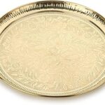 DOKCHAN Handmade Pure Brass Puja Thali with Flower Embossed Design (Gold, Inch) (8 Inch)