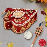 UrbanShilp Handicrafts Meenakari Work Tika Chopra in Peacock Shape with Roli Chawal and Tika Stick Wooden Chopda for Gift and Pooja Decorative Item (puja storage box)