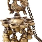 Two Moustaches Peacock Design Brass Hanging Diya with Bells, Diyas for Home Decoration, 1.1 Kg Brass Hanging Lamp Diya, 4 Inches Diya, 14 Inches Chain Length, Brass Hanging Lamp, Pack of 1
