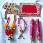 SAUDEEP INDIA Ganpati Decoration Items | Ganesh Chaturthi Backdrop and Idol Decoration Kit | Mukut, Aasan, Mala, Small Dandiya Sticks(for Idol Size Upto 5 to 7 Inches)