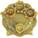 ascension Metal Pooja Thali with Deepak Swastik Flower Plate thali Diya Deepak Thali Puja (Golden)