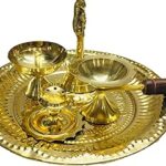 Dhanak Gift Pack of Pooja Thali Set_5 Pcs_Brass_Om & Gayatri Mantra Embossed on Plate (8.5inch)_Decorative Puja Set, Gifts for Diwali, Festivals (Without Box)