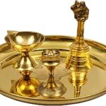 Spillbox Traditional Handcrafted Brass Puja | Pooja Thali Set | Arati | Arathi | Arthi | Arti | Arathi | Bartan Thambulam Plate Set for Several Occasions- Plain Plate 7 inch Puja Set(Diya Bell dhoop)