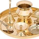 BulkySanta Pure Brass Pooja Thali Set | Brass Plate Size - 7 inches (Set of 7 - Plate, Lota, Ghanti, akhand diya, kachhua diya, spoon, tiny plate/bowl)