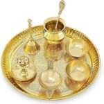Brass Pooja Thali Set 8 Inch Puja Thali with Pital Plate Kalash Palli Chandan Vati Kuber Deep Dhup Dan Ghanti Arti Thali for Diwali Home Office Mandir Wedding Return Gift Items (10 Inch)