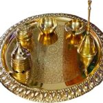 KBV Pure Glossy Brass Puja/Pooja Thali Set with Ganti/Bell, Diya and Dice Shape Incense/Agarbatti Holder Perfect for Gifting, Diwali, Aarti, Rakhi, Karwchauth, Onam, Home and Office (Medium, 4)
