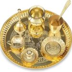BENGALEN Brass Pooja thali Set 8 Inch with Pital Plate Kalash Spoon Glass Diya Bowl Dhup Dan Ghanti Kangura Plate Puja Arti Thali for Diwali Home Mandir Office Wedding Return Gift Items