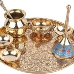 SHAKUNTLA VINTAGE Traditional Handcrafted Brass Pital Puja Thali Aarti Bartan Plate Set of 8 Piece for Mandir Pooja Room Home Temple 9 Inch Round Golden