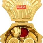 HAZEL Brass Haldi Kumkum Box Shell Shape with Unremovable 3 Dabbi | 11.5 cm Diameter Multi-Purpose Sindoor Pooja Item Storage Box